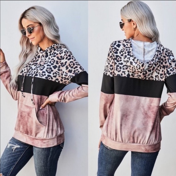 Colorblock leopard print hoodie brown mauve black - Picture 3 of 4